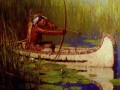 Cazador de indios nativos americanos en canoa con arco y flecha